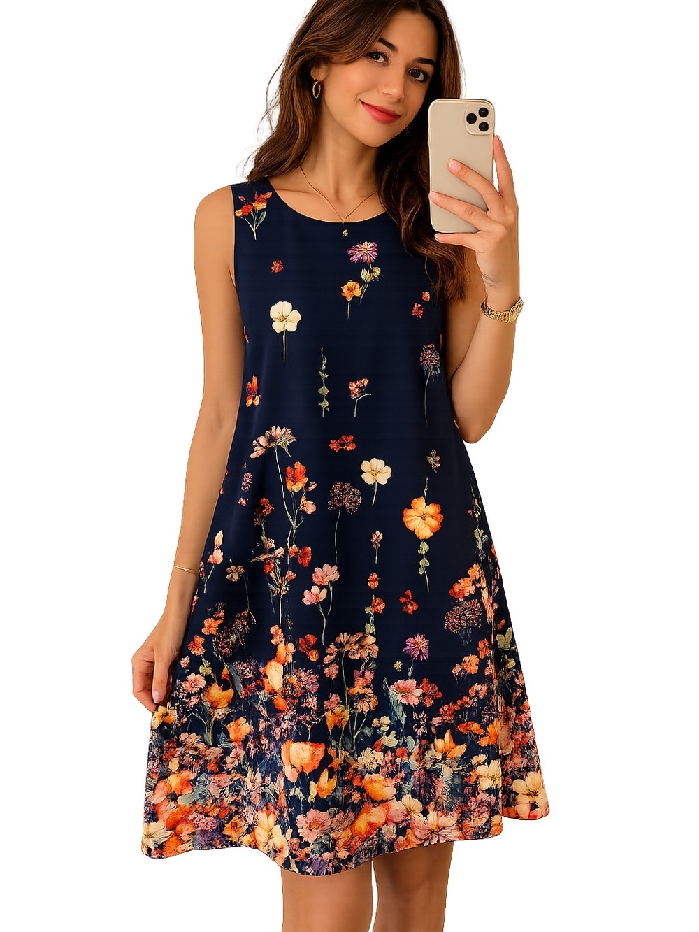 Navy Floral Sleeveless A-Line Dress